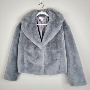 Topshop Light Grey Cropped Faux Fur Coat With Pockets